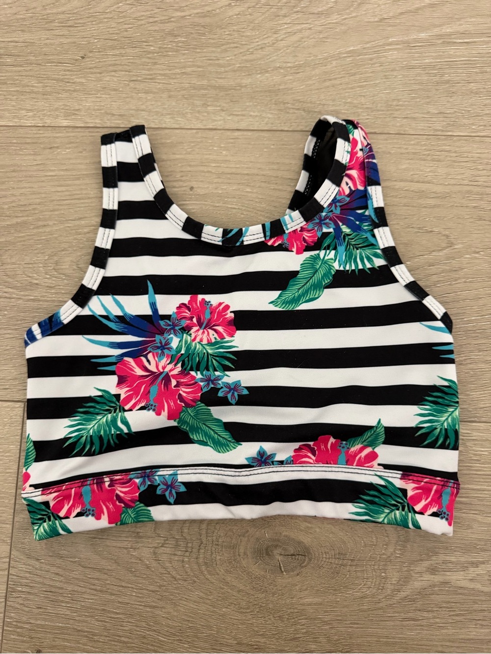 Zella girls Striped Floral Crop Top - Black, White & Pink Floral
